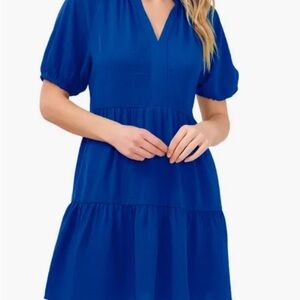 CeCe Blue Puff Sleeve Tiered Babydoll Dress
